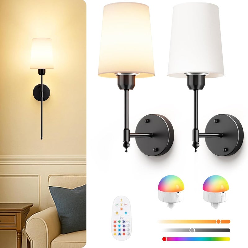 SyncGlow Wireless Wall Sconces Set of 2 Battery Operated, Black Wall Lights with Rechargeable Magnetic Bulbs and Remote, Dimmable & 15 RGB Cordless Wall Lamps for Bedroom Living Room Hallway, 23 Inch - Image 1